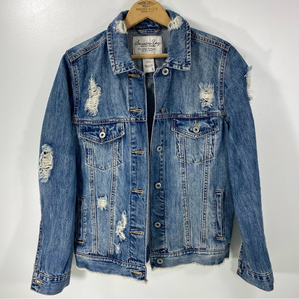 American Rag Cie Distressed Faded Stone Wash Raw Hem Trucker Denim Jean Jacket S